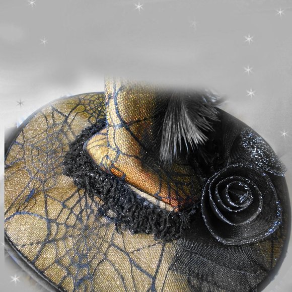 Couture Glamour Witch Hat for Costume, Gold Lame, Spider Web Lace, Feather - Picture 6 of 11